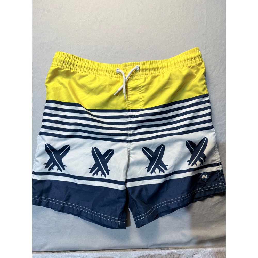 Heat Wave Boys Swim Trunks Yellow Navy Blue Striped Surfboard Board Shorts